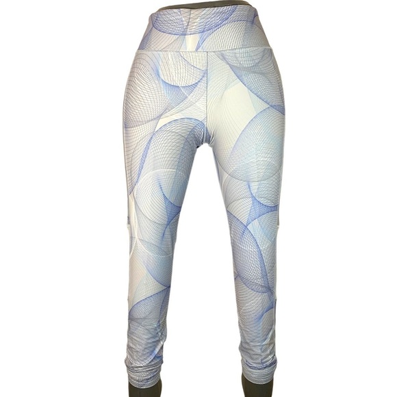 Small Reebok Blue White Geometric Print Speed Wick Athletic Leggings Activewear - Picture 1 of 10
